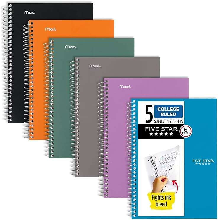 Five Star Spiral Notebook, 5 Subject, College Ruled Paper, 6" x 9-1/2", 150 Sheets, Selected Colors Will Vary, 6 Pack (840030A) - Image 1