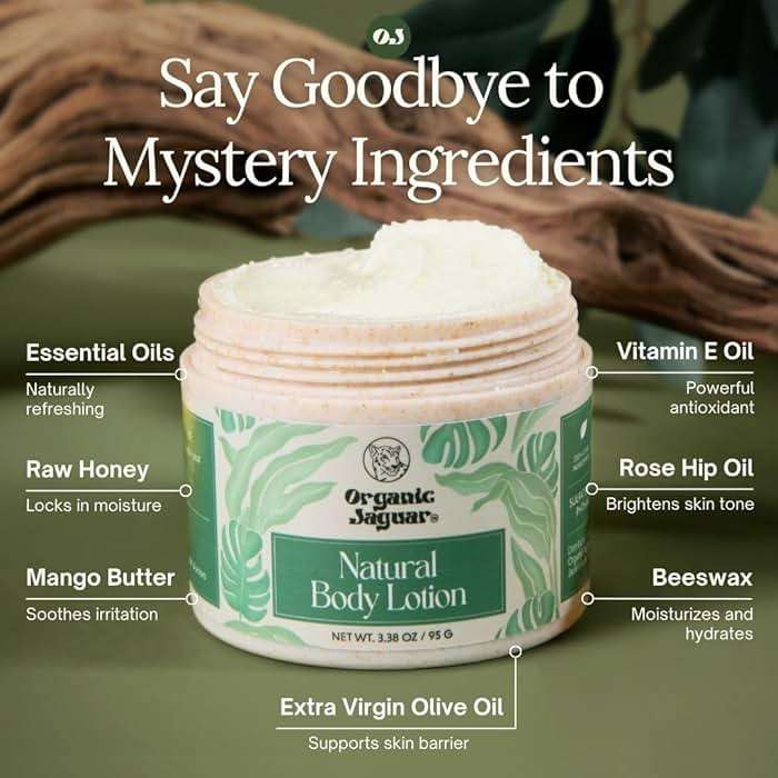 Organic Jaguar Natural Body Lotion, 8 oz, Moisturizer With Essential Oils, Vitamin E Oil, Beeswax, Extra Virgin Olive Oil, Raw Honey, Mango Butter, Sulfate & Paraben Free Body Care, Tropical Scent - Image 4