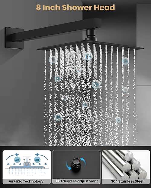 Airuida Shower Faucet Set with Female Thread Rough-in Valve, Rainfall Shower Head and Handle set, Single Function Valve Trim Kit, 8 Inch Matte Black - Image 7