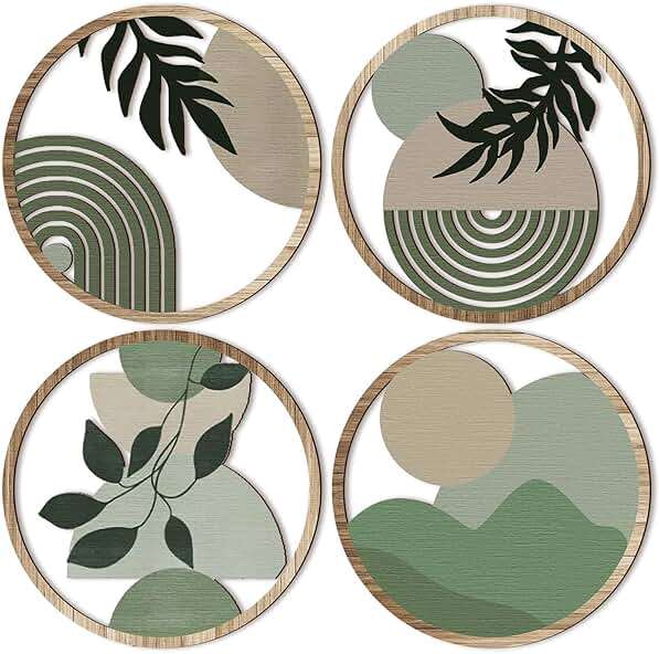 Qunclay 4 Pcs Boho Wall Art Bohemian Wooden Round Circle Wall Decor Hollow out Hanging Farmhouse Aesthetic for Bedroom Living Room Bathroom Bedroom Bathroom Patio Apartment Gift 10 Inch (Green) - Image 1