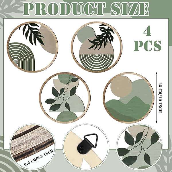 Qunclay 4 Pcs Boho Wall Art Bohemian Wooden Round Circle Wall Decor Hollow out Hanging Farmhouse Aesthetic for Bedroom Living Room Bathroom Bedroom Bathroom Patio Apartment Gift 10 Inch (Green) - Image 3