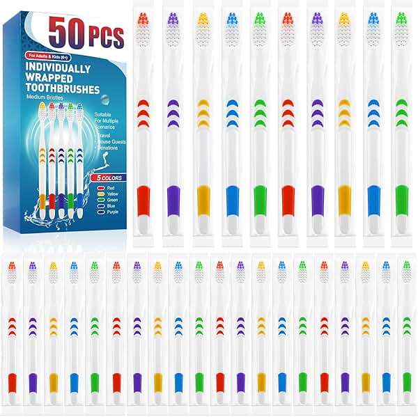 Navona 50 PCS Premium Individually Wrapped Bulk Toothbrush Pack, Disposable Toothbrushes, Kids Toothbrush, Medium Soft Bristle Toothbrushes, Ergonomics Handle, Perfect for Travel Hotel Donation - Image 1