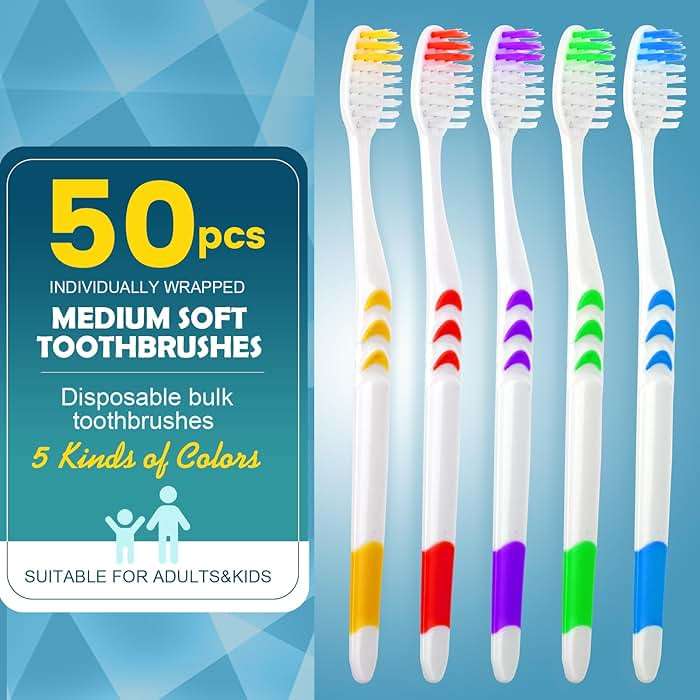 Navona 50 PCS Premium Individually Wrapped Bulk Toothbrush Pack, Disposable Toothbrushes, Kids Toothbrush, Medium Soft Bristle Toothbrushes, Ergonomics Handle, Perfect for Travel Hotel Donation - Image 2