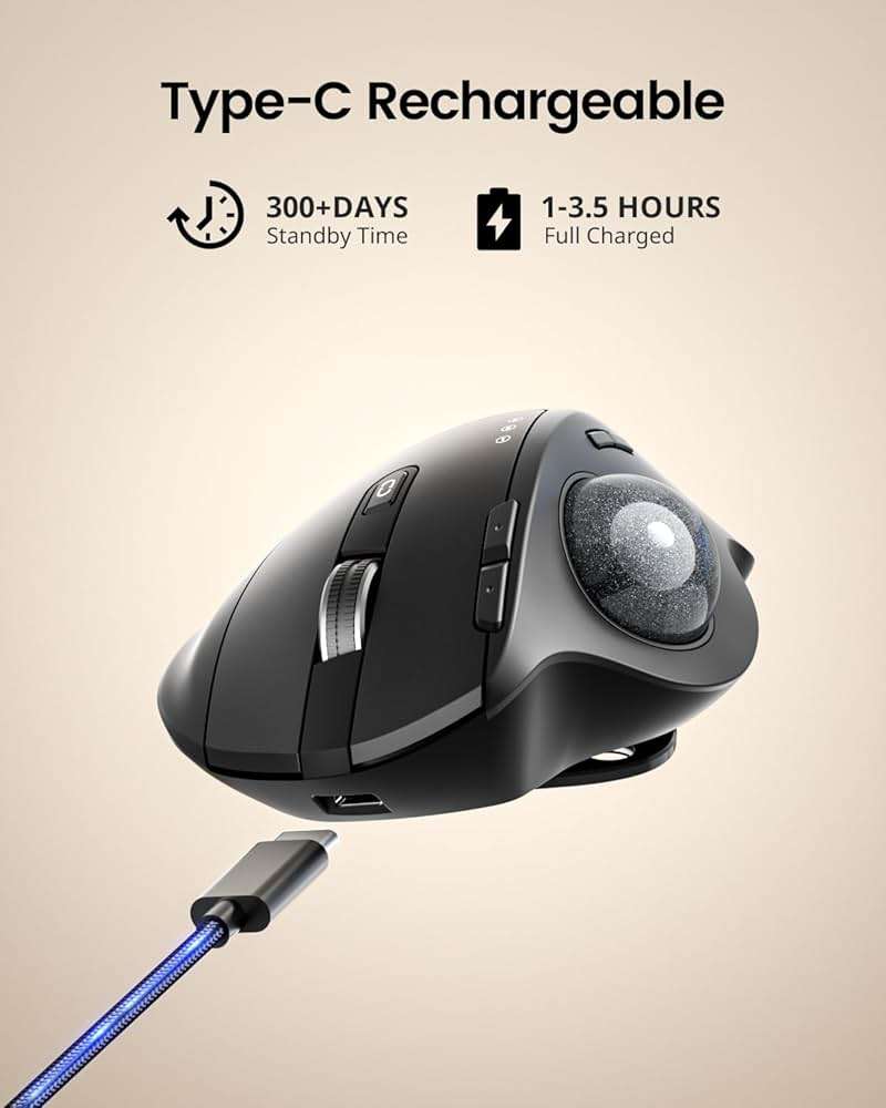 ProtoArc Wireless Trackball Mouse, EM01 NL Ergonomic Bluetooth Rollerball Thumb Rechargeable Computer Laptop Mouse, Adjustable Angle & 3 Device Connection for PC, Mac, Windows-Gray Ball - Image 6