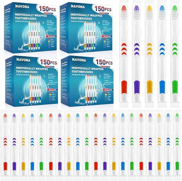 Navona 600 PCS Premium Toothbrushes Bulk, Individually Wrapped Toothbrushes, Disposable Toothbrush, Medium Soft Bristle Bulk Toothbrushe for Travel Hotel Donation, Ergonomics Handle - Image 1