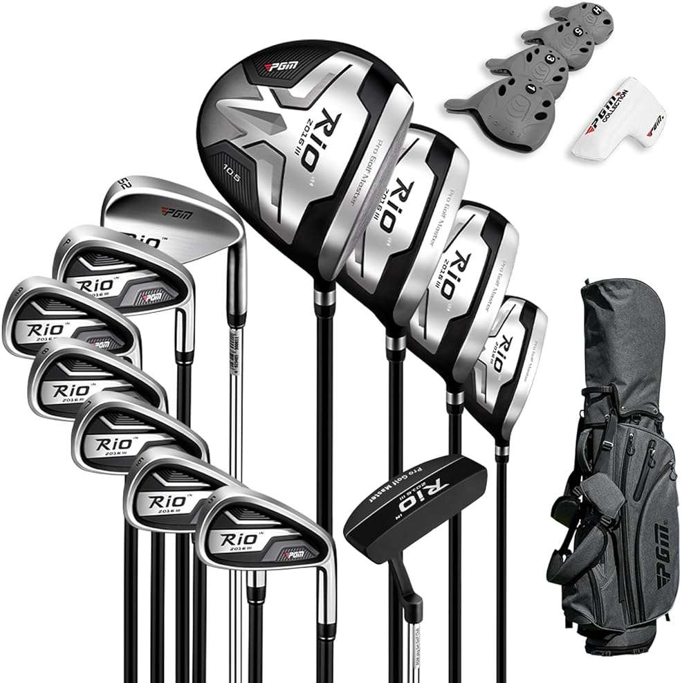 PGM Men's Complete Golf Club Sets - 12 Pieces - 3 Wood (#1,3,5), 1 Hybrid (#4H), 6 Irons(#5,6,7,8,9,PW), 1 Sand Wedge (52°), 1 Putter - Golf Stand Bag - Titanium Club Head, Graptlite Shaft - Image 1