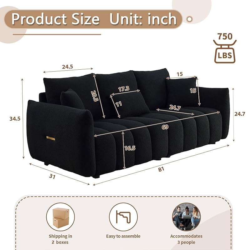 Antetek 78" Modern Sofa Couch, Comfy Deep Seat Teddy Cloud Sofa, Upholstered 3-Seater Boucle Couch, Oversized Loveseat for Living Room, Bedroom, Office, Apartment, Black - Image 2