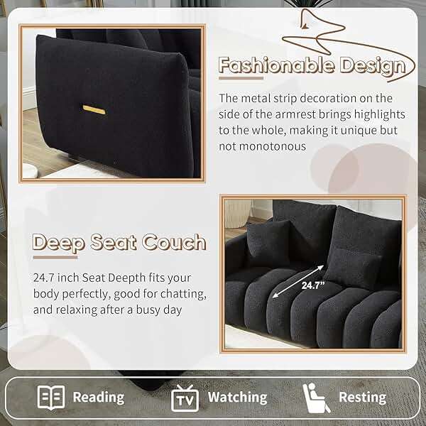 Antetek 78" Modern Sofa Couch, Comfy Deep Seat Teddy Cloud Sofa, Upholstered 3-Seater Boucle Couch, Oversized Loveseat for Living Room, Bedroom, Office, Apartment, Black - Image 5