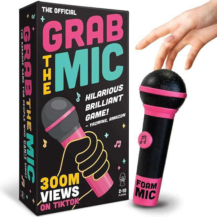 Lucky Egg Official Grab The Mic – Family Karaoke Board Game w/Foam Mic, 8+ Ages, 2-10 Players - Games for Bad Singers w/ 230 Lyrics (115 Cards) - Image 1