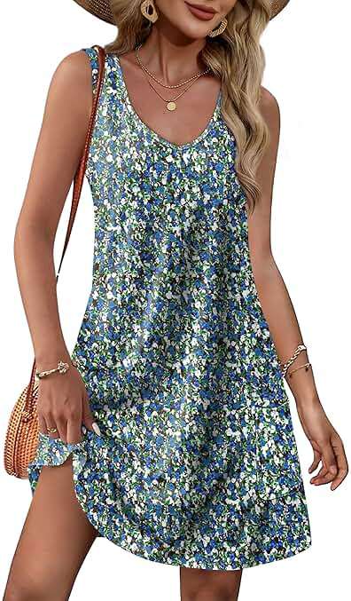 OFEEFAN Womens Summer Dresses 2026 Loose V Neck Sleeveless Sundresses Swimsuit Coverup with Pockets Floral/Plain/Eyelet - Image 1