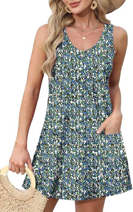 OFEEFAN Womens Summer Dresses 2026 Loose V Neck Sleeveless Sundresses Swimsuit Coverup with Pockets Floral/Plain/Eyelet - Image 2