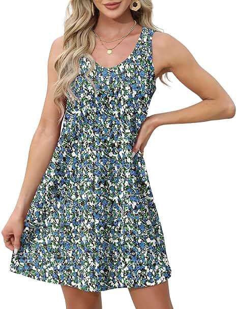 OFEEFAN Womens Summer Dresses 2026 Loose V Neck Sleeveless Sundresses Swimsuit Coverup with Pockets Floral/Plain/Eyelet - Image 3