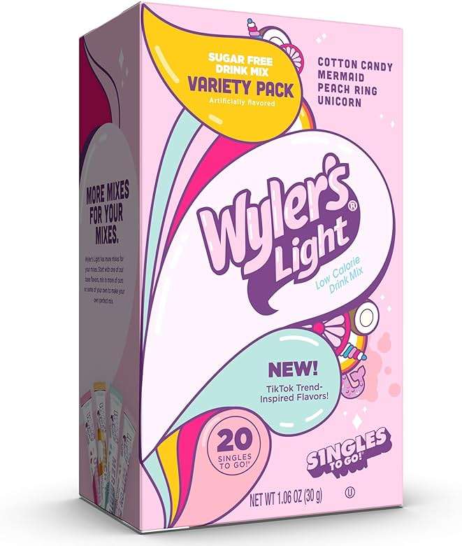 Wyler's Light Singles to Go Powder Packets, Water Drink Mix, Variety Pack, Watertok Fun Flavors, Cotton Candy, Mermaid, Peach Ring, Unicorn, Sugar & Caffeine Free, On-The-Go, 20 Count (Pack - 1) - Image 1