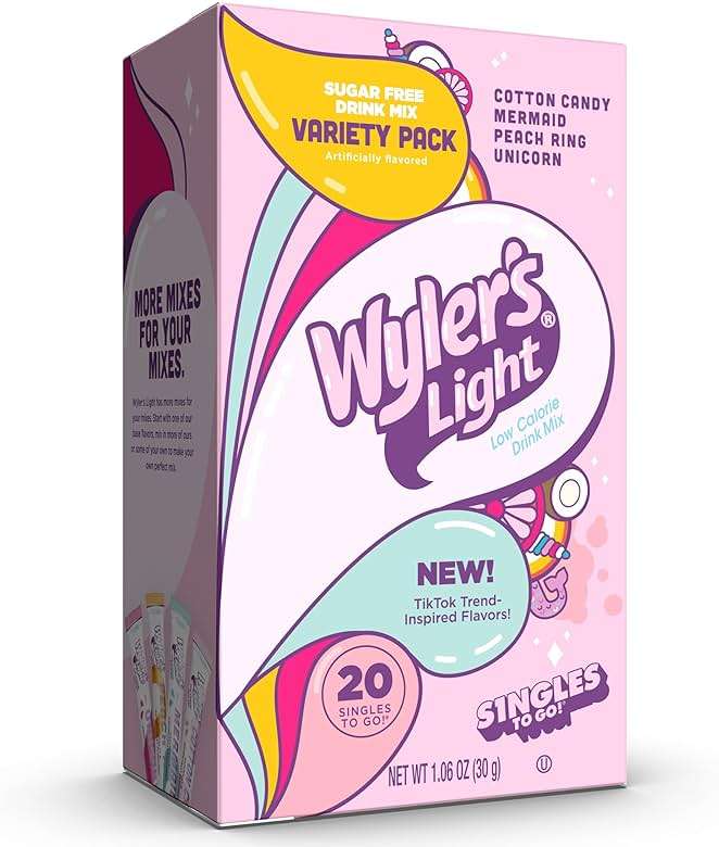 Wyler's Light Singles to Go Powder Packets, Water Drink Mix, Variety Pack, Watertok Fun Flavors, Cotton Candy, Mermaid, Peach Ring, Unicorn, Sugar & Caffeine Free, On-The-Go, 20 Count (Pack - 1) - Image 6