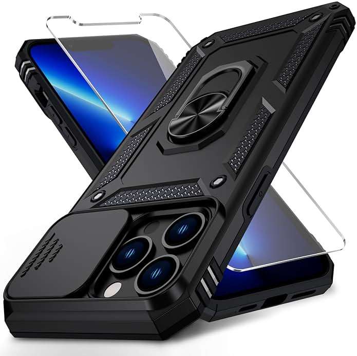 Vinve for iPhone 13 Pro Max Case with Slide Lens Cover, HD Screen Protector, Military Grade Drop Protection, Magnetic Rotated Ring Holder Kickstand Phone Case (Black) - Image 1
