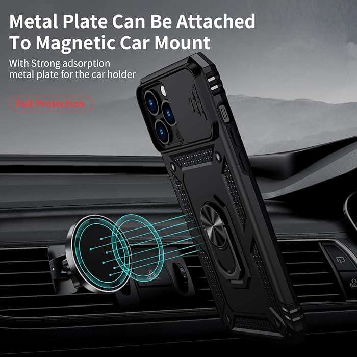 Vinve for iPhone 13 Pro Max Case with Slide Lens Cover, HD Screen Protector, Military Grade Drop Protection, Magnetic Rotated Ring Holder Kickstand Phone Case (Black) - Image 2