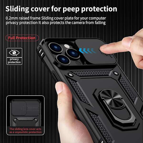 Vinve for iPhone 13 Pro Max Case with Slide Lens Cover, HD Screen Protector, Military Grade Drop Protection, Magnetic Rotated Ring Holder Kickstand Phone Case (Black) - Image 3