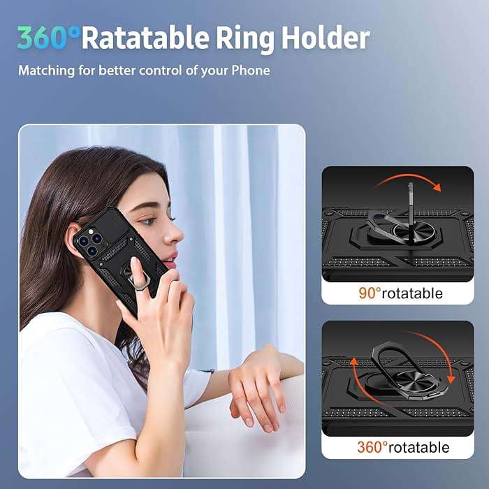 Vinve for iPhone 13 Pro Max Case with Slide Lens Cover, HD Screen Protector, Military Grade Drop Protection, Magnetic Rotated Ring Holder Kickstand Phone Case (Black) - Image 6
