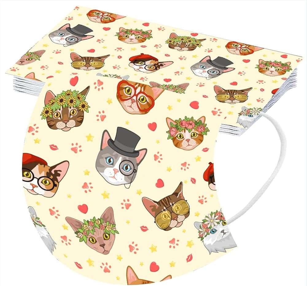 GOGCIAO 50Pcs Cute Cat Print Disposable Face Cover with Designs for Women - Image 5