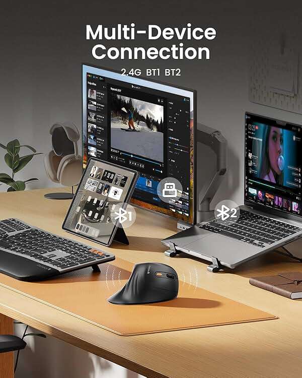 ProtoArc Ergonomic Mouse, EM11 NL Bluetooth Rechargeable Wireless Vertical Mouse, 3 Multi-Device Connectivity for Computer/PC/Laptop, 2.4GHz USB-A Optical Mice for Windows, Mac OS, Black - Image 2