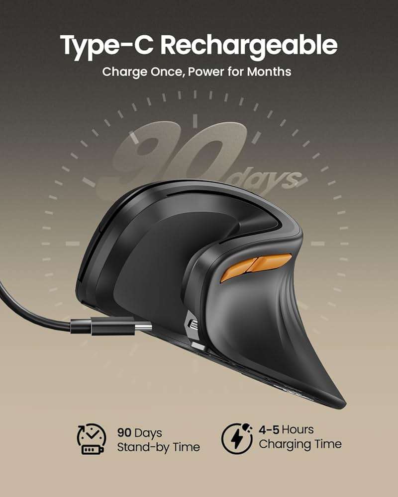 ProtoArc Ergonomic Mouse, EM11 NL Bluetooth Rechargeable Wireless Vertical Mouse, 3 Multi-Device Connectivity for Computer/PC/Laptop, 2.4GHz USB-A Optical Mice for Windows, Mac OS, Black - Image 3