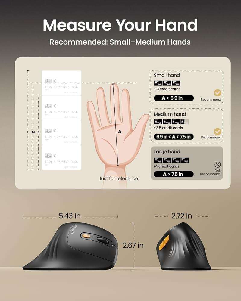 ProtoArc Ergonomic Mouse, EM11 NL Bluetooth Rechargeable Wireless Vertical Mouse, 3 Multi-Device Connectivity for Computer/PC/Laptop, 2.4GHz USB-A Optical Mice for Windows, Mac OS, Black - Image 6