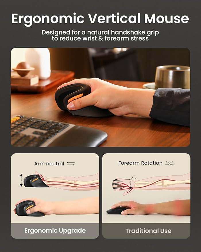 ProtoArc Ergonomic Mouse, EM11 NL Bluetooth Rechargeable Wireless Vertical Mouse, 3 Multi-Device Connectivity for Computer/PC/Laptop, 2.4GHz USB-A Optical Mice for Windows, Mac OS, Black - Image 7