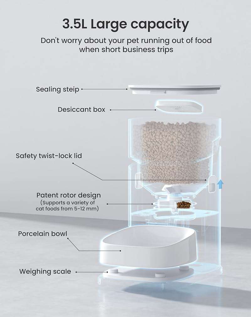 PF2 2.4G Healthy Automatic Cat feeder, 3.5L Automatic Dog Feeder with Video and Voice Call, APP data monitoring, Ceramic Bowl, Customized Timed Feeding,Freshness Preservation,Easy Removal for Cleaning - Image 8