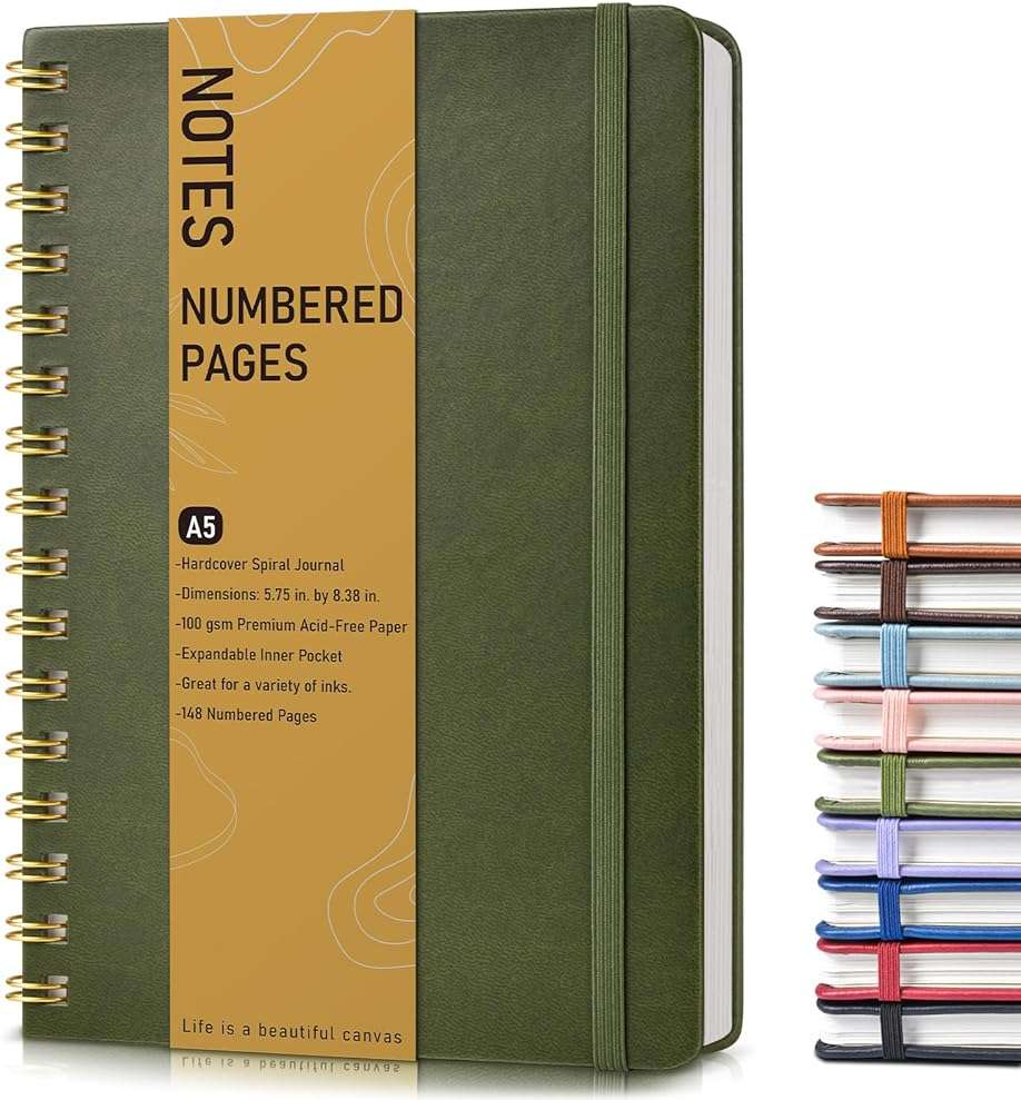 Lined Spiral Journal Notebook, A5 Hardcover Spiral Journals for Women Men, 150 Numbered Pages Spiral Bound Notebook, 100 GSM College Ruled Notebooks for Work, Note Taking 5.75" x 8.38", Olive Green - Image 1