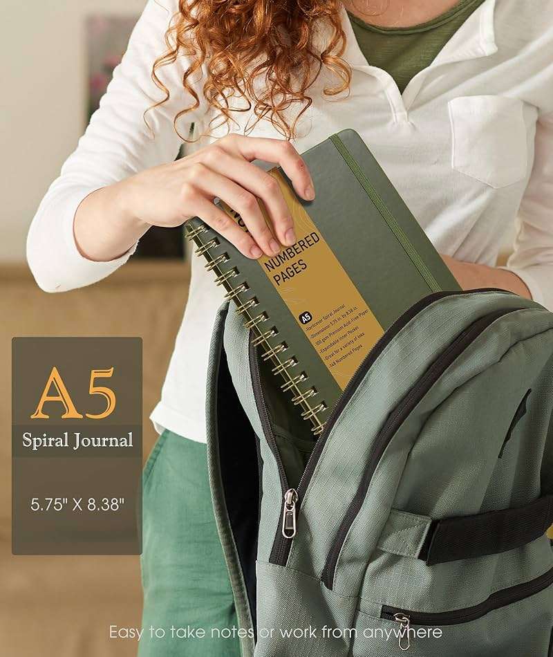 Lined Spiral Journal Notebook, A5 Hardcover Spiral Journals for Women Men, 150 Numbered Pages Spiral Bound Notebook, 100 GSM College Ruled Notebooks for Work, Note Taking 5.75" x 8.38", Olive Green - Image 3