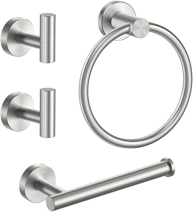 FORIOUS 4 Piece Bathroom Accessories, SUS304 Stainless Steel Toilet Paper Holder, Towel Ring and 2 Towel Hooks, Wall Mounted Bathroom Hardware Set (Brushed Nickel) - Image 1