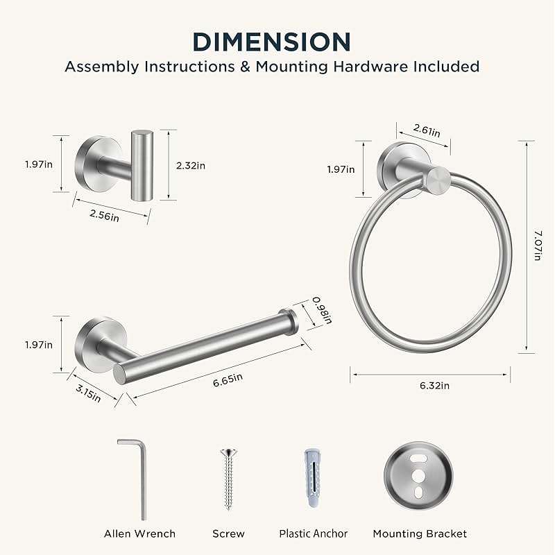 FORIOUS 4 Piece Bathroom Accessories, SUS304 Stainless Steel Toilet Paper Holder, Towel Ring and 2 Towel Hooks, Wall Mounted Bathroom Hardware Set (Brushed Nickel) - Image 3