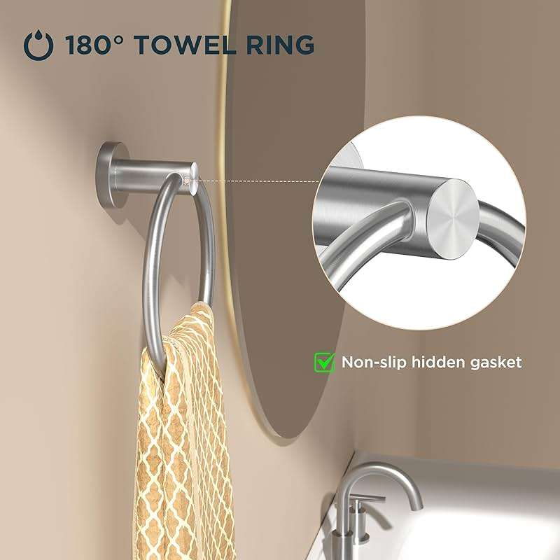FORIOUS 4 Piece Bathroom Accessories, SUS304 Stainless Steel Toilet Paper Holder, Towel Ring and 2 Towel Hooks, Wall Mounted Bathroom Hardware Set (Brushed Nickel) - Image 4
