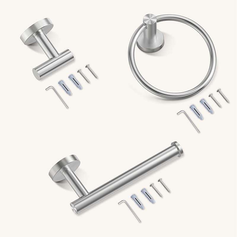 FORIOUS 4 Piece Bathroom Accessories, SUS304 Stainless Steel Toilet Paper Holder, Towel Ring and 2 Towel Hooks, Wall Mounted Bathroom Hardware Set (Brushed Nickel) - Image 9