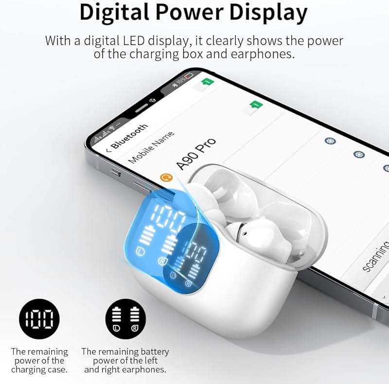 Btootos Wireless Earbuds Bluetooth 5.4 Headphones Bass Stereo Ear Buds with Noise Cancelling Mic LED Display in Ear Earphones IP7 Waterproof 36H Playtime for Laptop Pad Phones Sports Workout White - Image 7