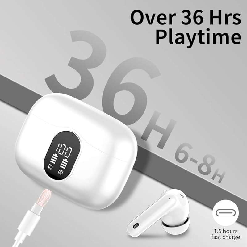 Btootos Wireless Earbuds Bluetooth 5.4 Headphones Bass Stereo Ear Buds with Noise Cancelling Mic LED Display in Ear Earphones IP7 Waterproof 36H Playtime for Laptop Pad Phones Sports Workout White - Image 8