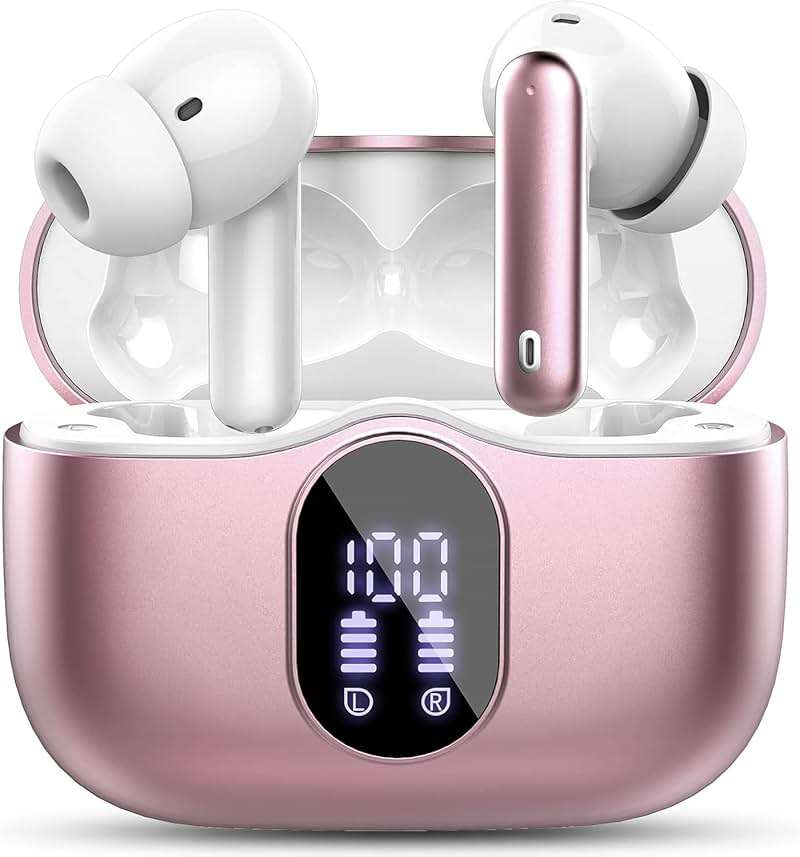 Wireless Earbuds Bluetooth 5.3 Headphones Bass Stereo Ear Buds with Noise Cancelling Mic LED Display in Ear Earphones IP7 Waterproof 36H Playtime for Laptop Pad Phones Sports Workout Pink Gold - Image 1