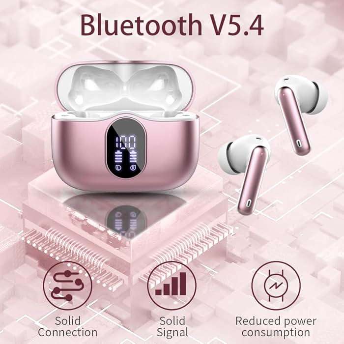 Wireless Earbuds Bluetooth 5.3 Headphones Bass Stereo Ear Buds with Noise Cancelling Mic LED Display in Ear Earphones IP7 Waterproof 36H Playtime for Laptop Pad Phones Sports Workout Pink Gold - Image 4