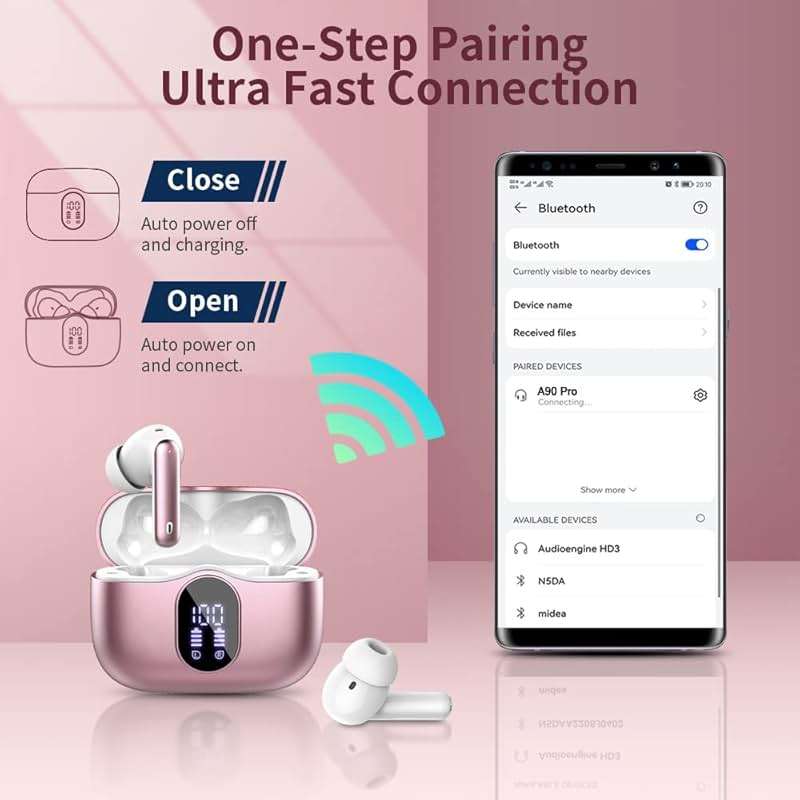 Wireless Earbuds Bluetooth 5.3 Headphones Bass Stereo Ear Buds with Noise Cancelling Mic LED Display in Ear Earphones IP7 Waterproof 36H Playtime for Laptop Pad Phones Sports Workout Pink Gold - Image 5