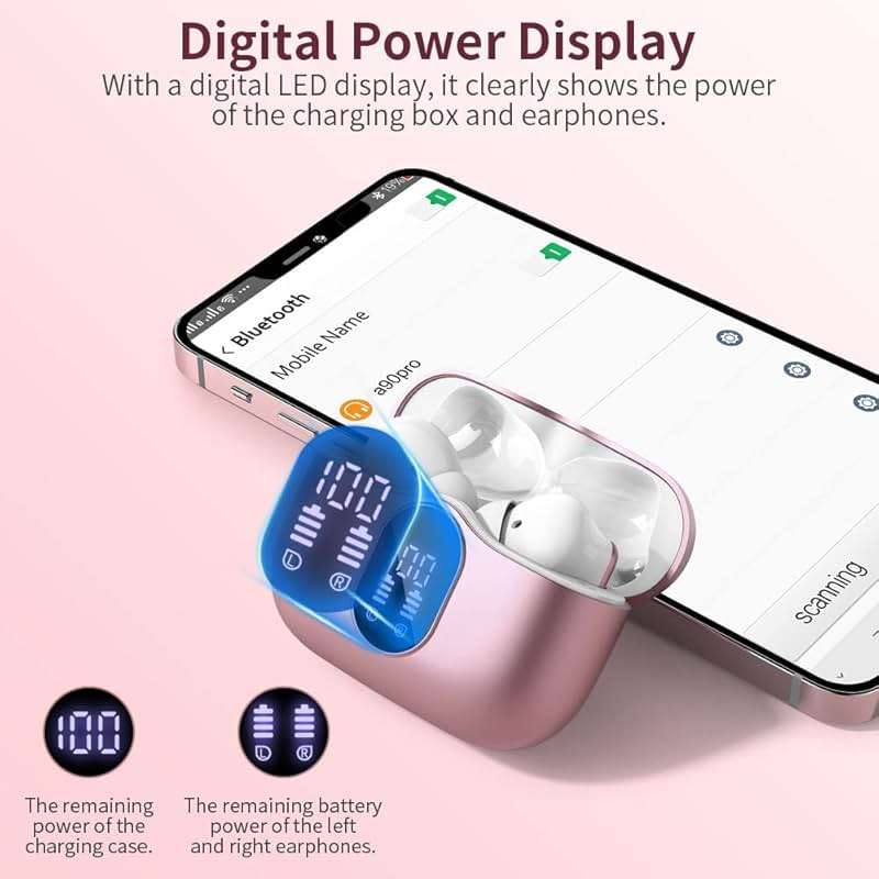Wireless Earbuds Bluetooth 5.3 Headphones Bass Stereo Ear Buds with Noise Cancelling Mic LED Display in Ear Earphones IP7 Waterproof 36H Playtime for Laptop Pad Phones Sports Workout Pink Gold - Image 6
