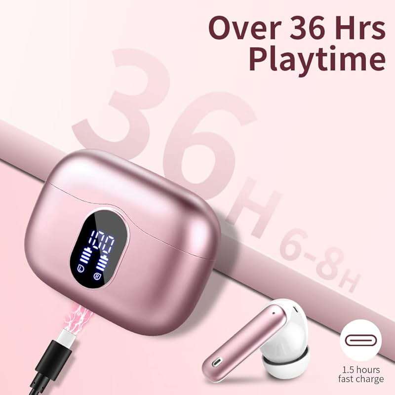 Wireless Earbuds Bluetooth 5.3 Headphones Bass Stereo Ear Buds with Noise Cancelling Mic LED Display in Ear Earphones IP7 Waterproof 36H Playtime for Laptop Pad Phones Sports Workout Pink Gold - Image 7