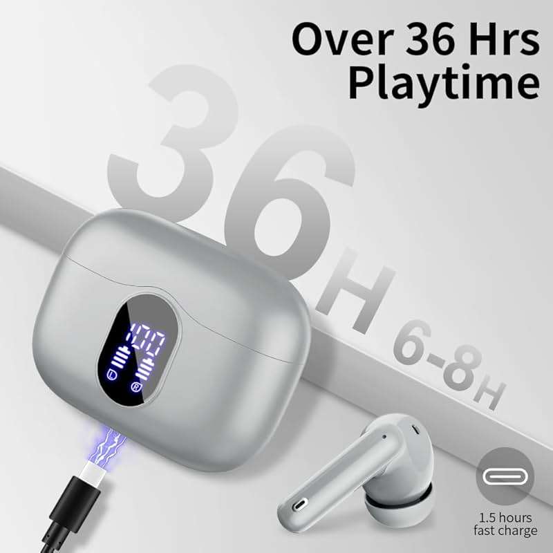 Btootos Wireless Earbuds Bluetooth 5.3 Headphones Bass Stereo Ear Buds with Noise Cancelling Mic LED Display in Ear Earphones IP7 Waterproof 36H Playtime for Laptop Pad Phones Sports Graphite Gray - Image 7