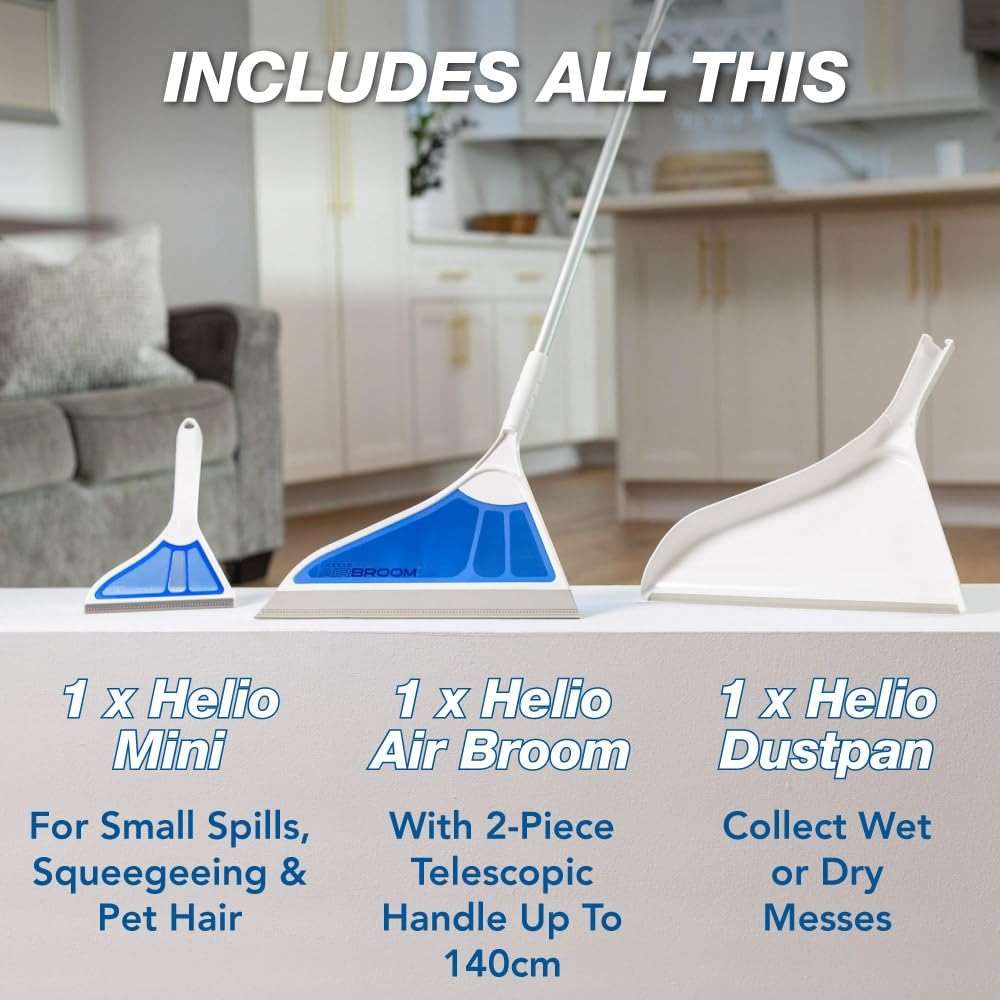 Helio AirBroom 3 Piece Kit All Surface Sweeper and Squeegee for Wet and Dry Cleaning Dust, Dirt, Liquids, Pet Hair, Tile, Hardwood Floors, Carpet, Furniture, Windows, Shower Doors As Seen on TV - Image 3