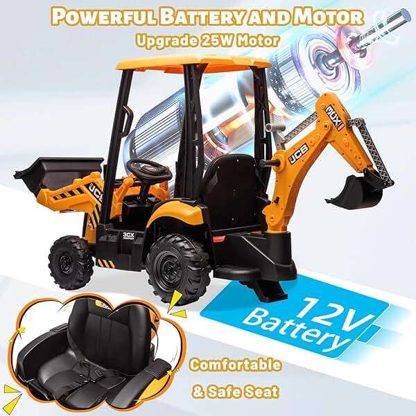 12V JCB Ride On Excavator, Ride on Toys for Kids 4-8, Electric Car for Kids with Tractor, Bulldozer, Digging Arm, Backhoe Loder with Slow Start/Stop, Adjustable Speeds (Excavator, Yellow with Roof) - Image 5