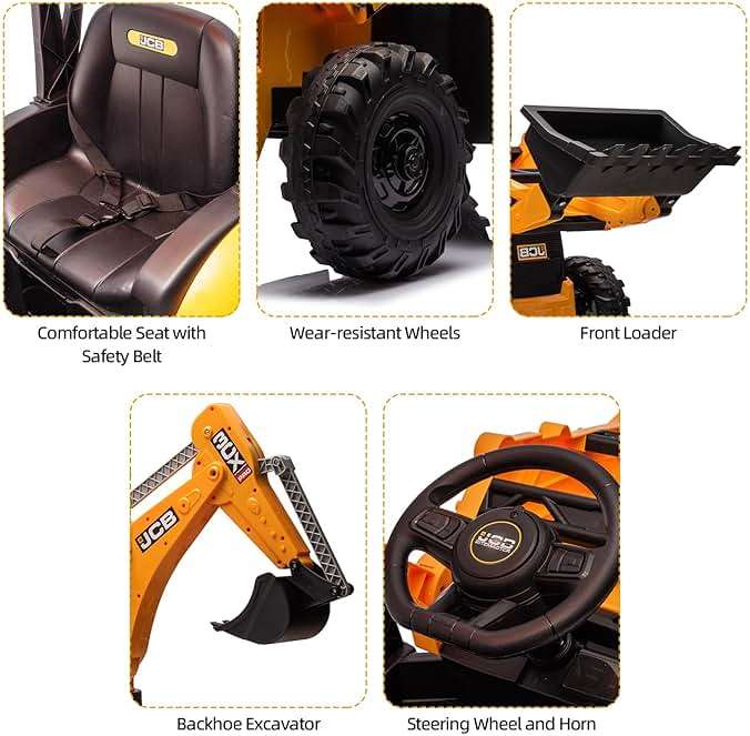 12V JCB Ride On Excavator, Ride on Toys for Kids 4-8, Electric Car for Kids with Tractor, Bulldozer, Digging Arm, Backhoe Loder with Slow Start/Stop, Adjustable Speeds (Excavator, Yellow with Roof) - Image 6