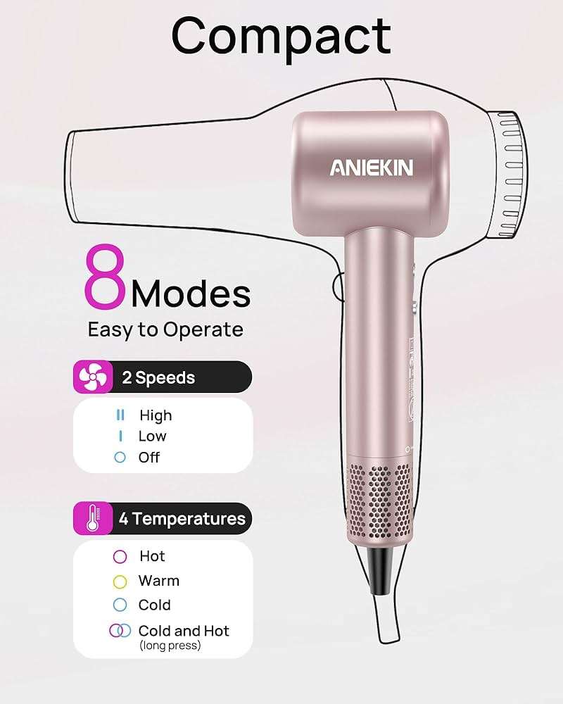 Hair Dryer, High-Speed Ionic Low Noise Blow Dryer with Brushless Motor for Fast Drying, Thermo-Control Quiet Compact Hair Blow Dryer with Magnetic Diffuser for Curly Hair for Home Travel Salon - Image 6