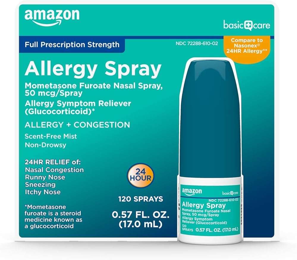 Amazon Basic Care Allergy Nasal Spray, Mometasone Furoate 50 mcg, 24-Hour Non-Drowsy Relief, 120 Sprays, 0.57 fl oz, Compare to Nasonex - Image 2