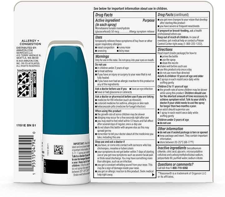 Amazon Basic Care Allergy Nasal Spray, Mometasone Furoate 50 mcg, 24-Hour Non-Drowsy Relief, 120 Sprays, 0.57 fl oz, Compare to Nasonex - Image 3