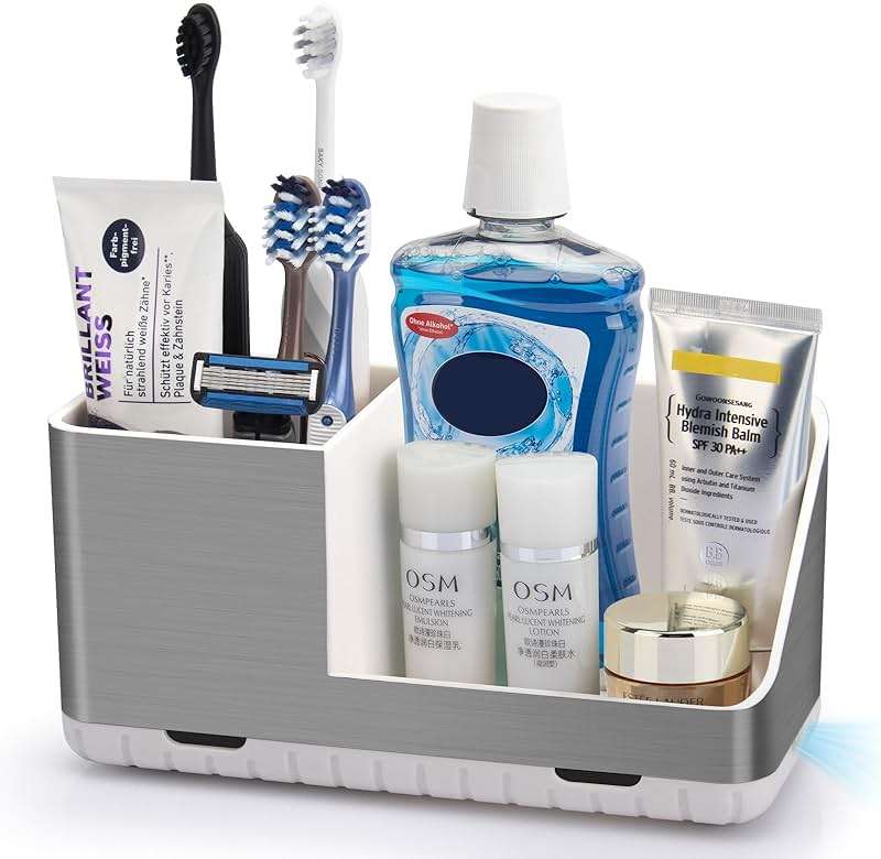 PARKMANI Toothbrush Holders for Bathroom Countertop Organizer, Brushed Nickel Tooth Brush Holder, Kids Electric Toothbrush and Toothpaste Holder with Drainage (Brushed Silver) - Image 1