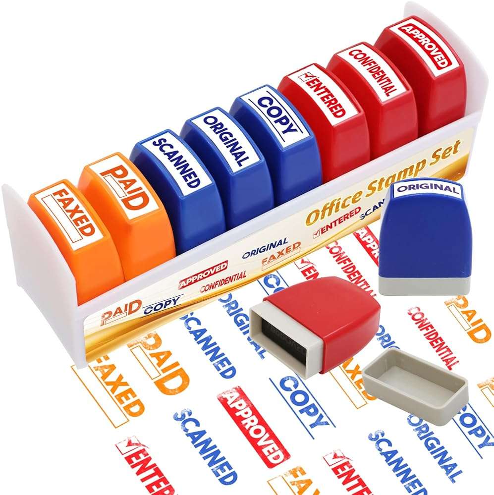 Fancy Land 8 Pack Self Inking Business Rubber Message Stamps Office Stamp Set Paid Completed Scanned Reusable Work Stampers with Storage Tray Office Desk Supplies for Coworker Colleague Business Staff - Image 1